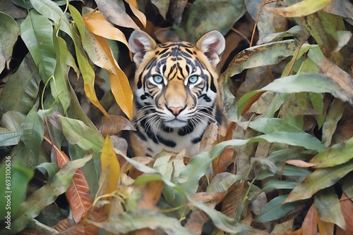 sunda clouded leopard camouflaged in dense foliage photo