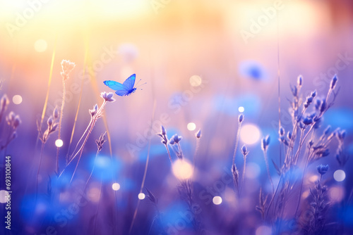 Butterfly and blue flowers. Beautiful blurred spring nature background with blooming meadow and blue sky on a sunny day. Abstract summer nature background. © BlazingDesigns