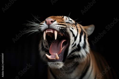 tiger yawning, showcasing sharp teeth © primopiano