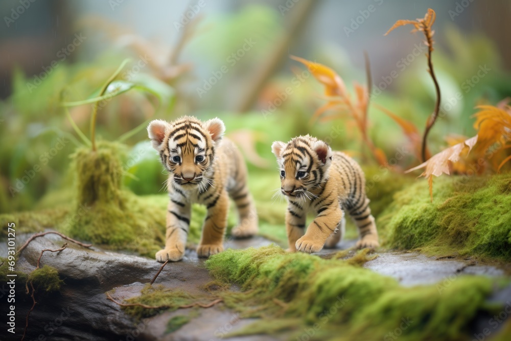 Obraz premium young tiger cubs exploring jungle terrain