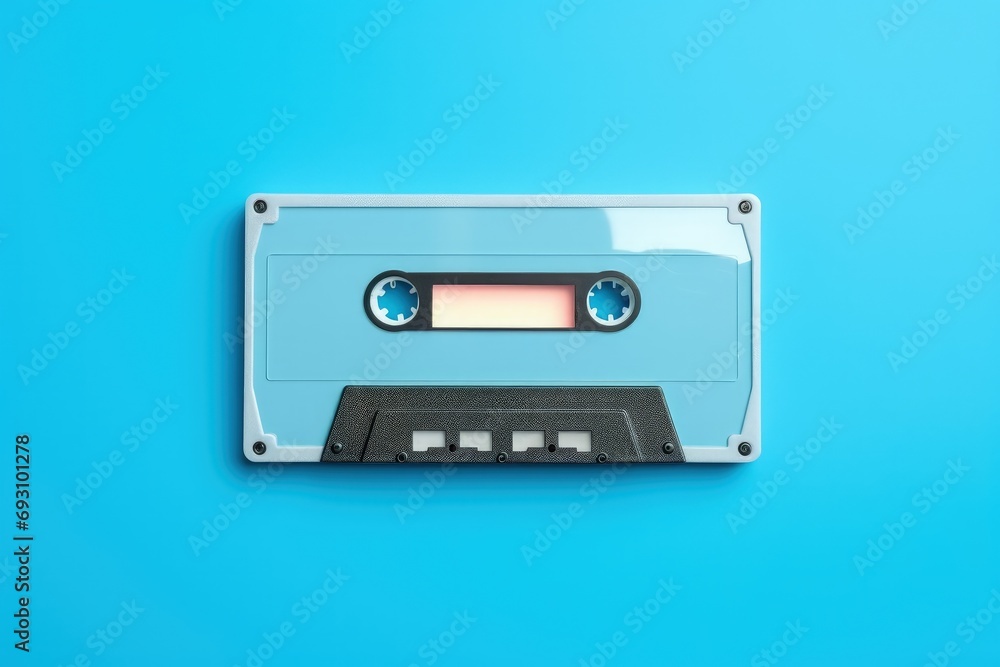 Cassette tape isolated on blue background, retro musical tape, Generative AI