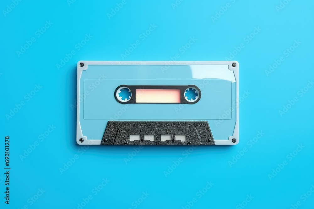Obraz premium Cassette tape isolated on blue background, retro musical tape, Generative AI