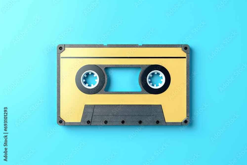 Fototapeta premium Cassette tape isolated on blue background, retro musical tape, Generative AI