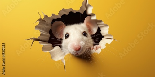 Mouse looking through a hole in the yellow wall, broken wall and rat, generative AI photo