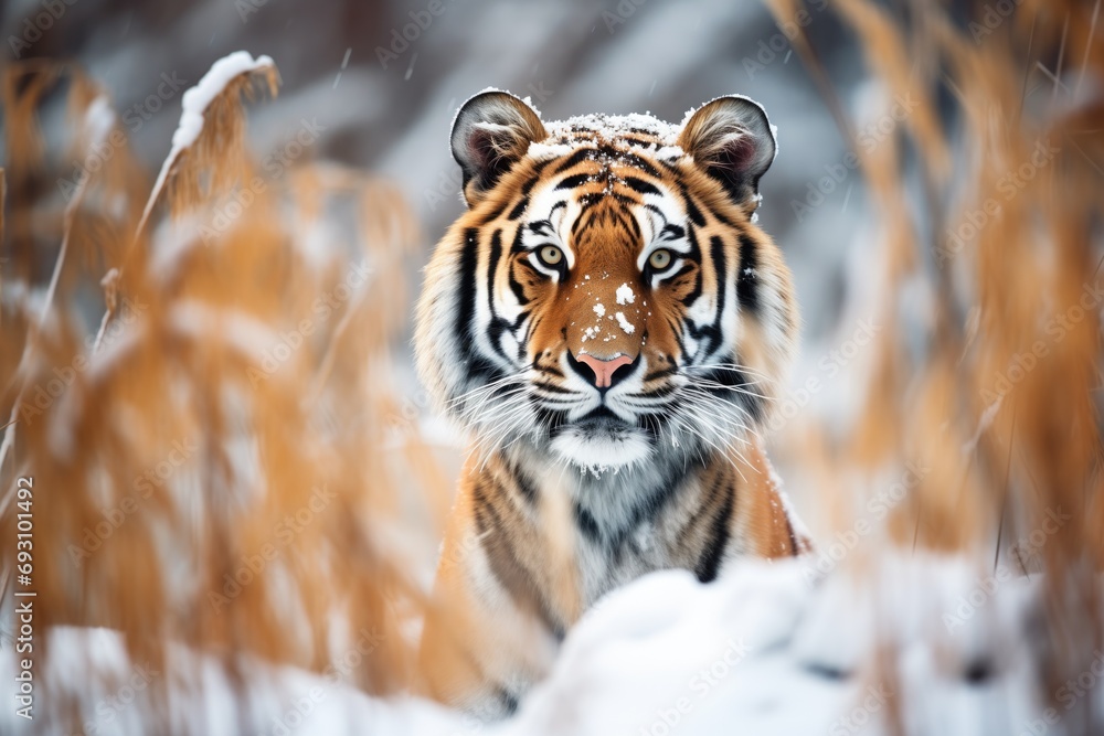 siberian tiger in snow-dusted jungle