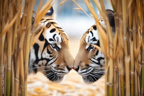 two tigers face to face in a bamboo grove photo