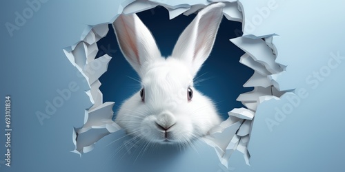 Rabbit looking through hole in blue wall, Broken wall and white rabbit, Generative AI