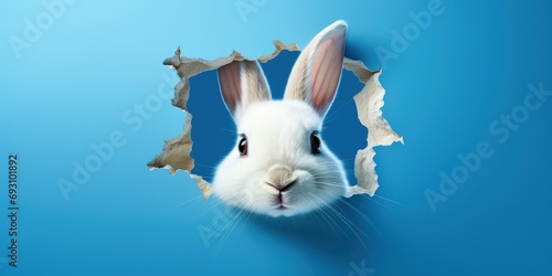 Rabbit looking through hole in blue wall, Broken wall and white rabbit, Generative AI