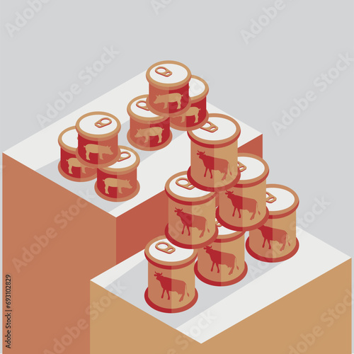 Flat style canned meat pyramids in bright color. Meat canning. Pork and beef.