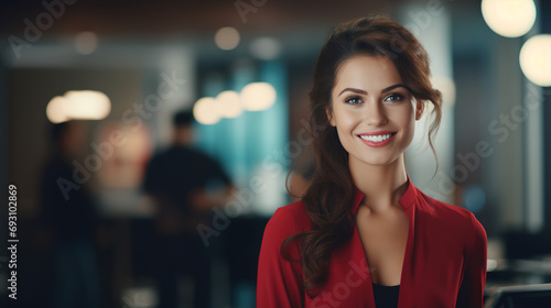 Portrait of positive beautiful adult Caucasian woman indoors  smiling businesswoman looking at camera