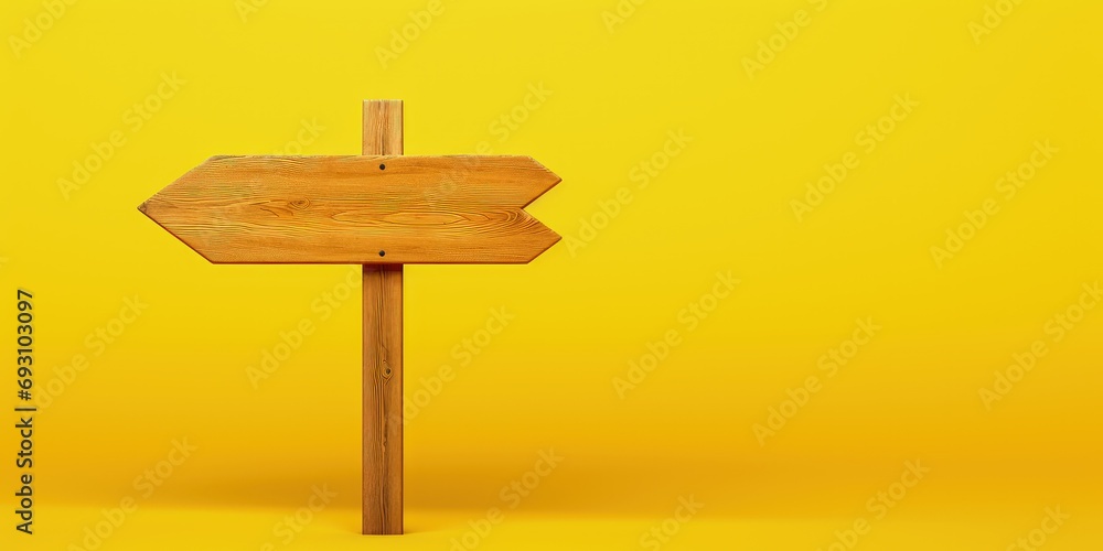 Wooden location sign isolated on yellow background, Wooden direction board, Generative AI - obrazy, fototapety, plakaty 