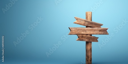 Wooden location sign isolated on blue background, direction board, Generative AI