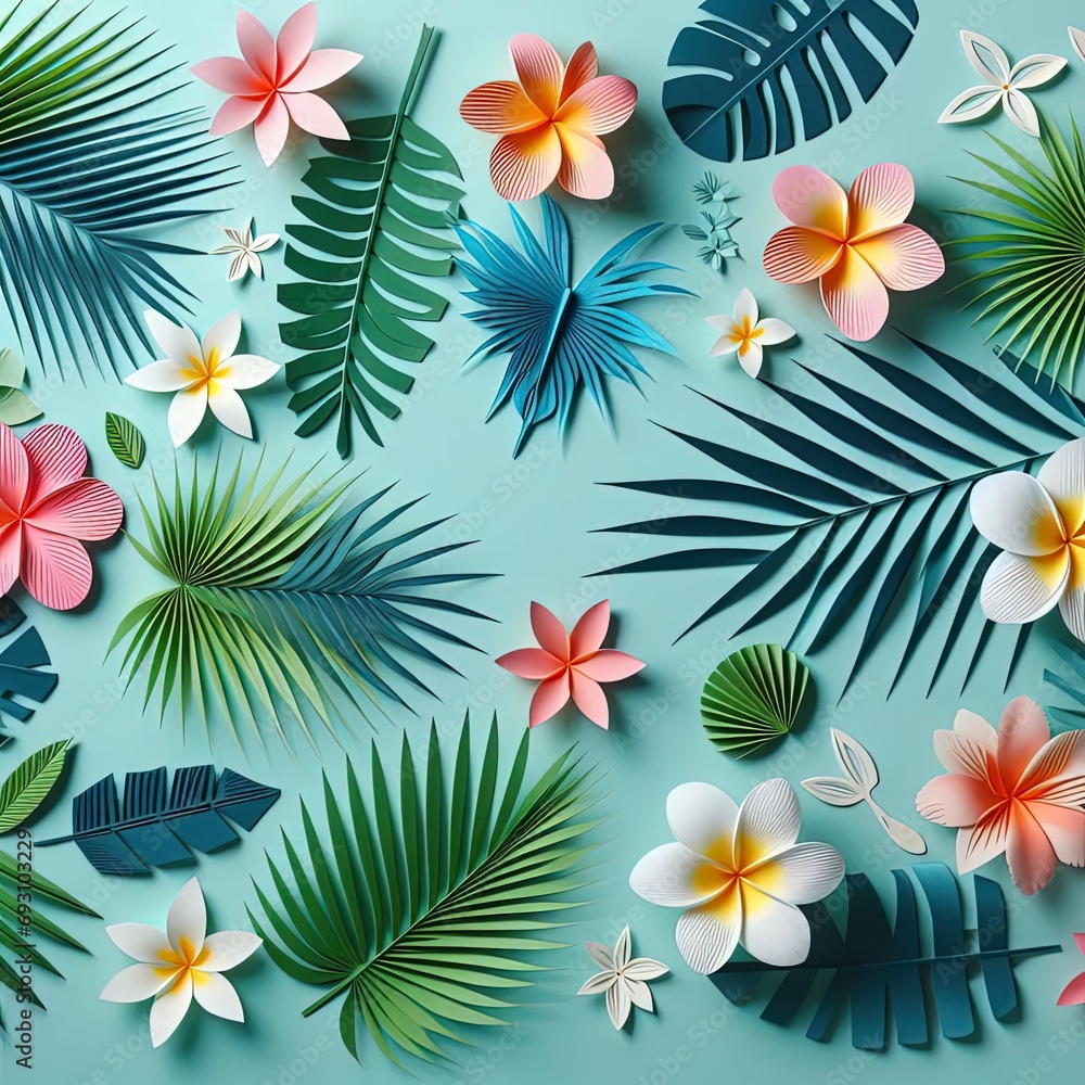 Fototapeta premium tropical flowers and leaves on pastel blue background