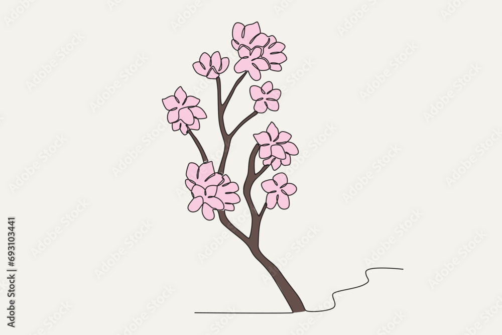 Colored illustration of cherry blossoms. Cherry blossom one-line drawing Colored illustration of cherry blossoms. Cherry blossom one-line drawing