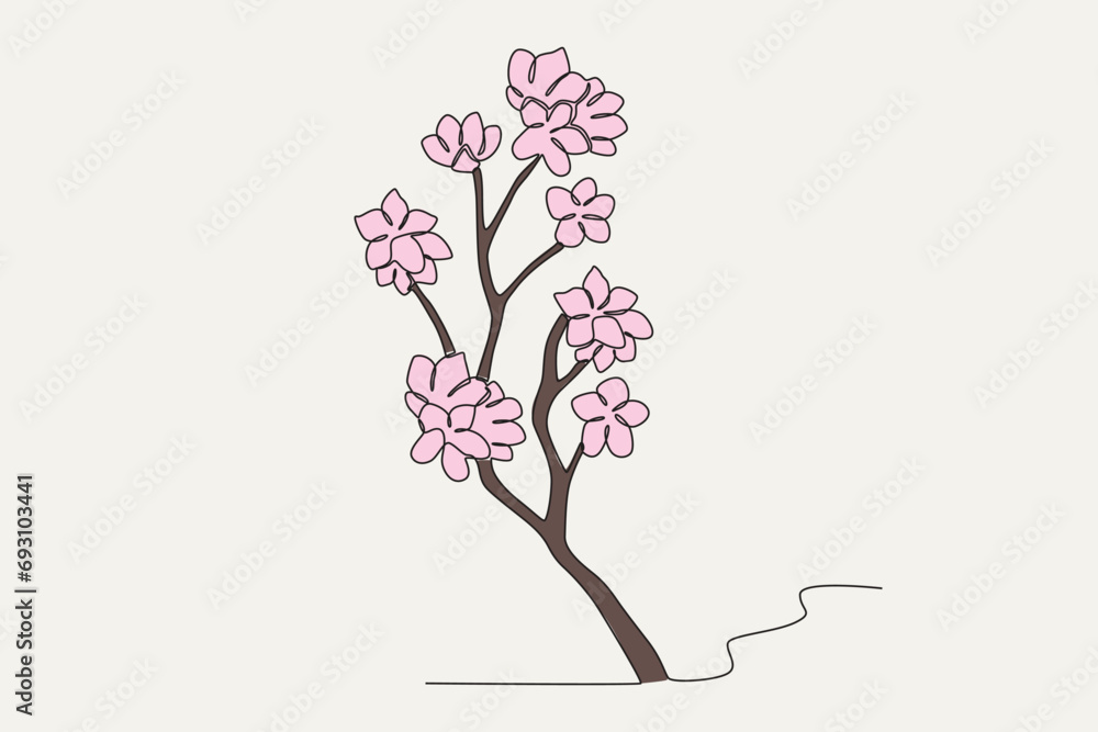 Colored illustration of cherry blossoms. Cherry blossom one-line drawing