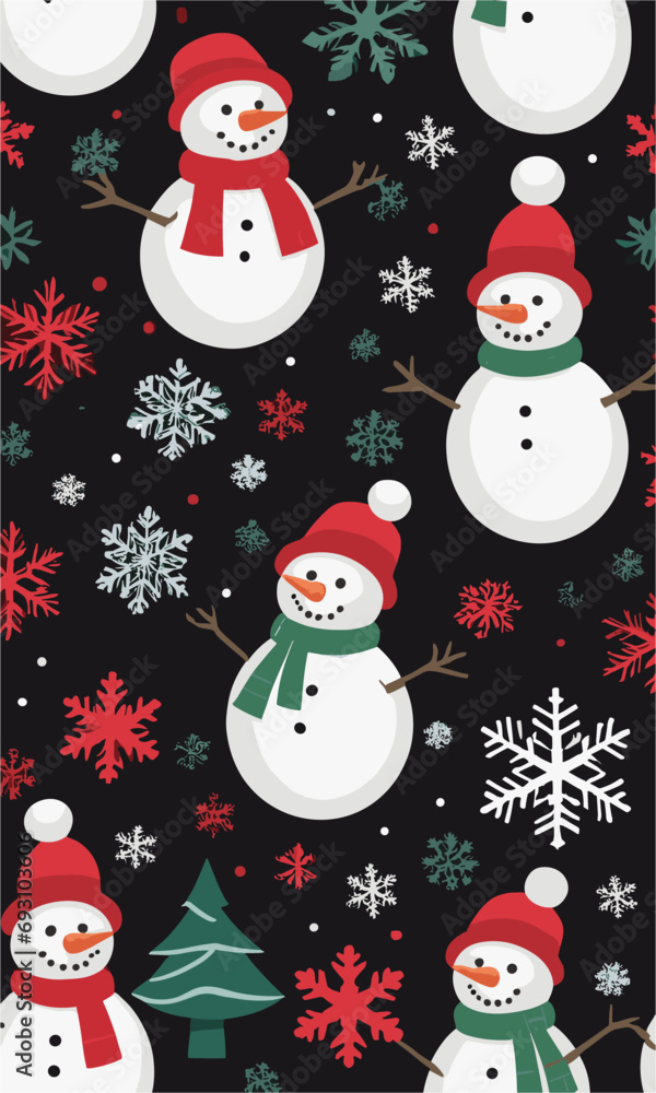 Vector christmas pattern with cartoon
snowmans in red hat, snowflakes, christmas tree on
black background. 2024 New Year fashion
ornament for fabric, paper, textiles, card, packaging, clothes. Vector christmas pattern with cartoon
snowmans in red hat, snowflakes, christmas tree on
black background. 2024 New Year fashion
ornament for fabric, paper, textiles, card, packaging, clothes.