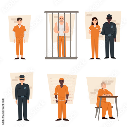Various scenes from a prison on a white background. Vector illustration in a flat style. Prisoner men and women wearing orange prison uniforms