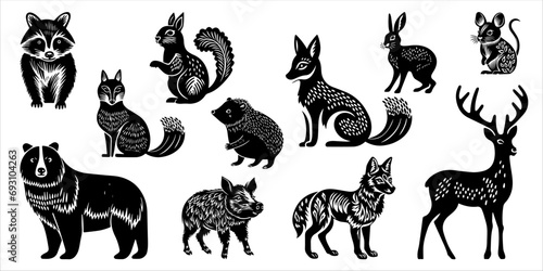 Hand drawn set with forest wild animals in linocut style. Isolated on white background.
