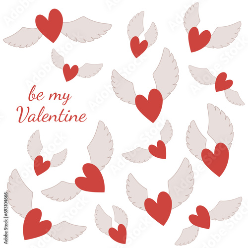 Holiday card with flying hearts. Valentine's Day. Vector illustration on a white background.