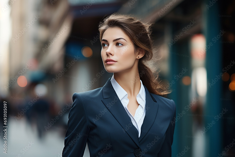 Fototapeta premium happy professional, a female entrepreneur with a brilliant smile, standing confidently outdoors. Generative AI.