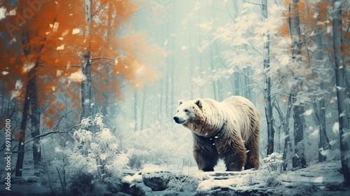 Illustration of beautiful forest with bear at forest in the winter season. Generative AI © Alpa