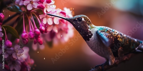 Fiery throated hummingbird is sucking the nectar out of the pink purple flowers , With movement in his wings and blurry background. photo