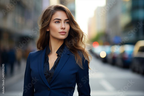 happy professional, a female entrepreneur with a brilliant smile, standing confidently outdoors. Generative AI.