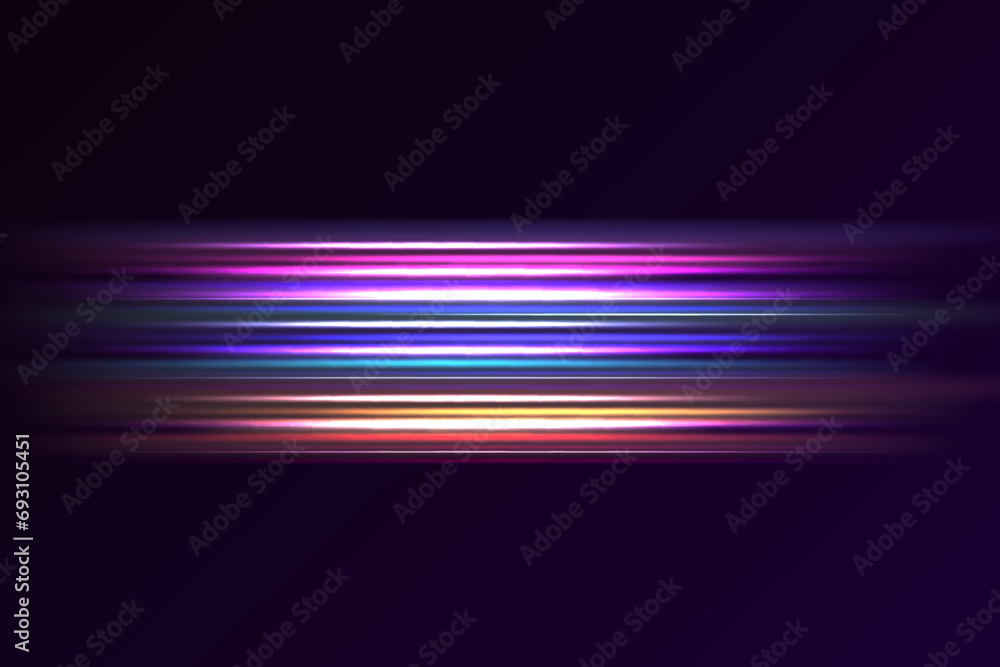 Colorful light trails with motion effect. Speed trail lines motion background. Lines of light, speed and movement. Vector lens flare.