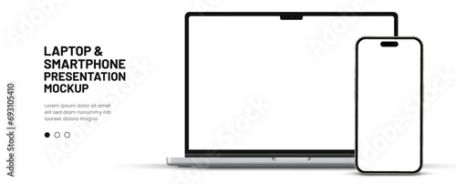 Modern laptop mockup front view and smartphone mockup high quality isolated on white background. Notebook mockup and phone device mockup for ui ux app and website presentation Stock Vector.
