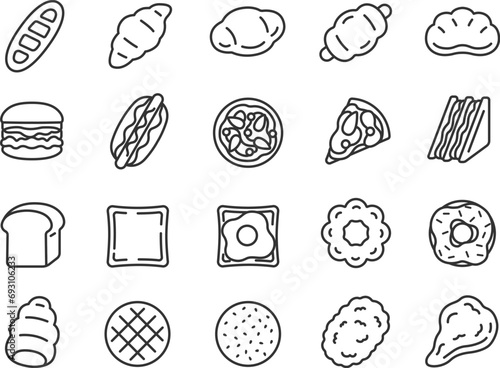 いろいろな、パンのアイコン（線画）のイラストセット