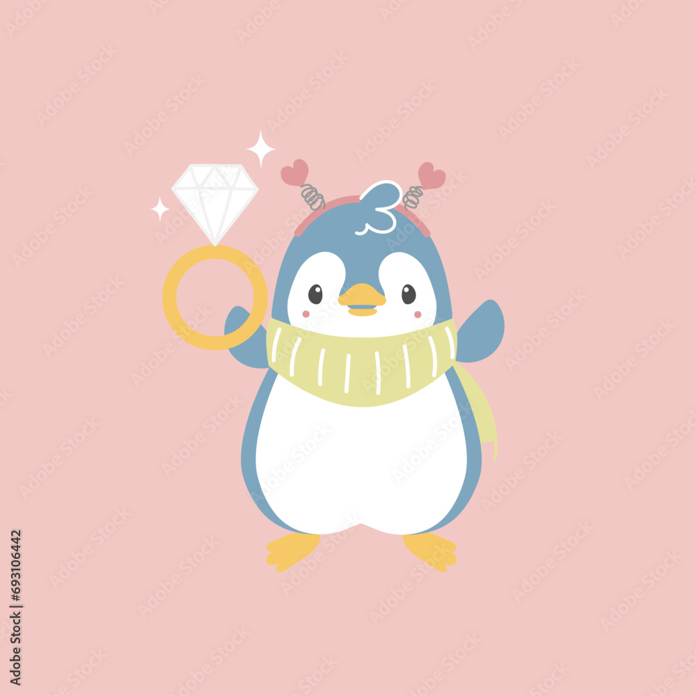 cute and lovely penguin holding diamond ring, happy valentine's day, love concept, flat vector illustration cartoon character costume design