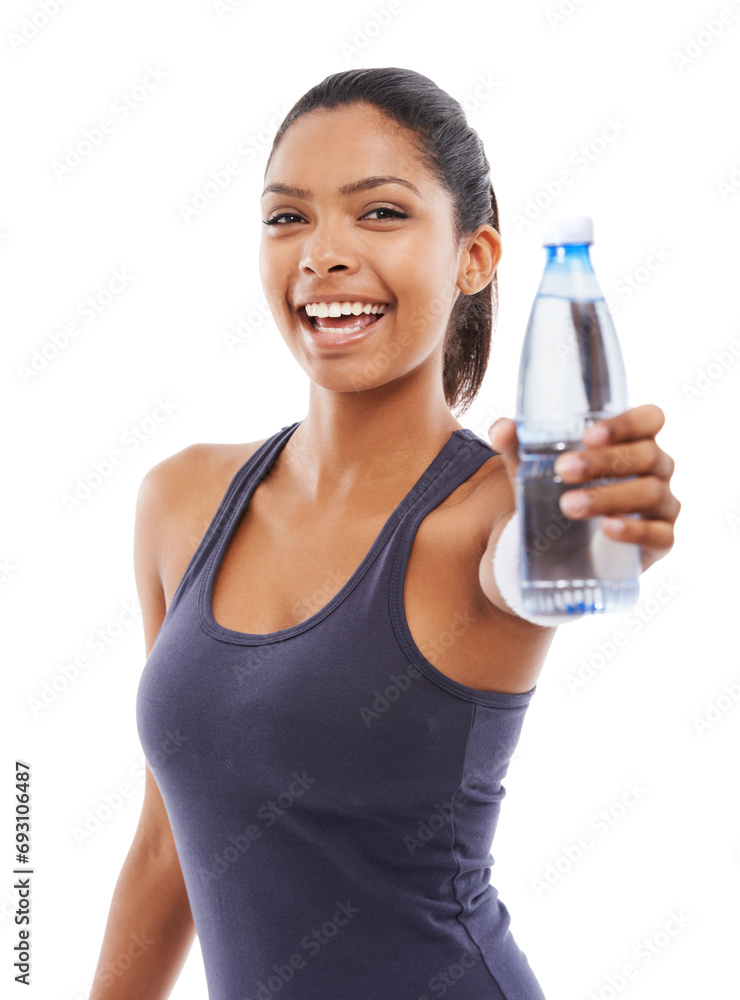 Happy woman, fitness and portrait with water bottle in studio for exercise, workout and wellness on white background. African athlete with drink for hydration, nutrition and healthy diet for energy Happy woman, fitness and portrait with water bottle in studio for exercise, workout and wellness on white background. African athlete with drink for hydration, nutrition and healthy diet for energy