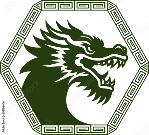 Dragon head side view inside ornamental rhombus frame. Simple shaped dragon face profile silhouette. Maze motif border frame. Asian culture symbol of a new year. Fantasy magic reptile creature.