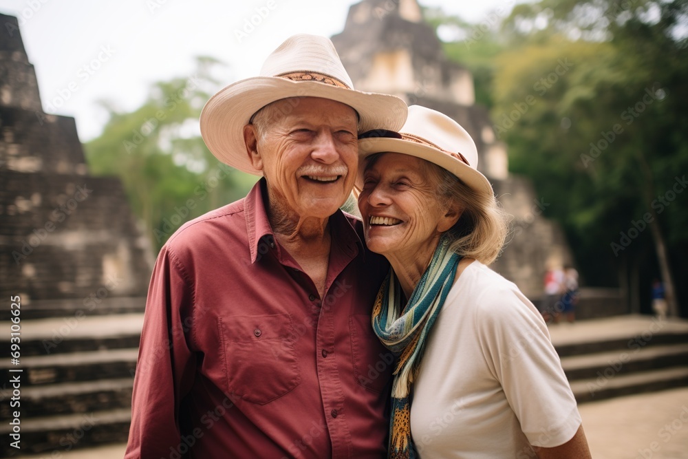 Smiling senior couple at Mayan ruins