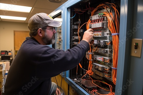 Experienced male electrician carefully installing electrical equipment in a switchboard photo