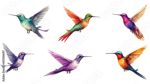 beautiful collection set of diffrent hummingbird birds in flight isolated on white or transparent png