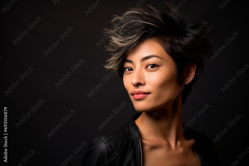 attractive woman with Asian features, with short black hair. With black jacket on dark background. intense look. female strength concept attractive woman with Asian features, with short black hair. With black jacket on dark background. intense look. female strength concept