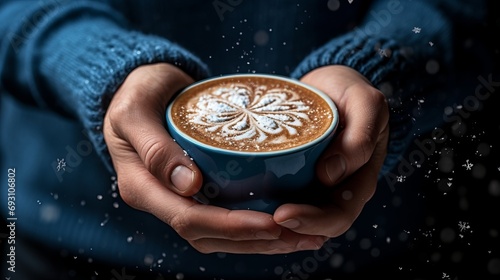 Artistic latte coffee with snowflake foam art, top viewWinter background adds cozy enchantment.