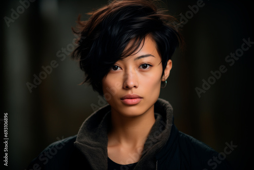 attractive woman with Asian features, with short black hair. With black jacket on dark background. intense look. female strength concept