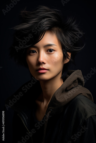 attractive woman with Asian features, with short black hair. With black jacket on dark background. intense look. female strength concept © Enrique