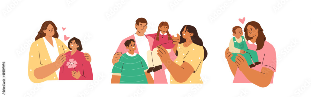 Families illustrations set. Collection of parents hug, support and love their children. Mother, father and kids together. Happy family concept. Vector illustration.