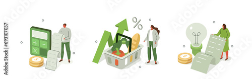 Cost of living rising concept illustration. Character worries about consumer goods, groceries and utilities price increases. Recession and inflation metaphor. Vector illustrations set.