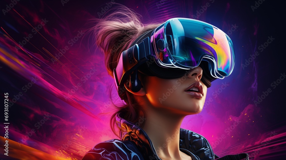 Fototapeta premium woman wearing VR glasses and amazed