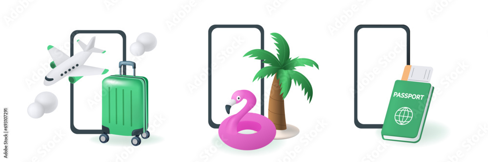Obraz premium Travel and vacation concept set. Airplane, luggage, tickets and other summer beach journey items on smartphones. Realistic vector illustration isolated on white background.