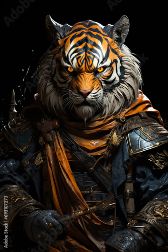 An armored tiger strikes an adorable pose in this unique portrait  combining fantasy and charm in a delightful stock photo.