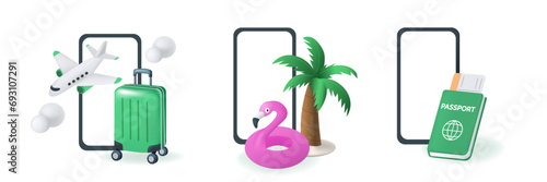 Travel and vacation concept set. Airplane, luggage, tickets and other summer beach journey items on smartphones. Realistic vector illustration isolated on white background.
