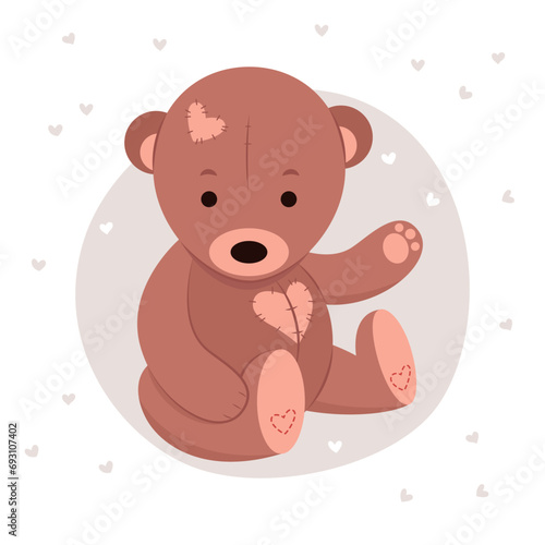 A cute teddy bear sits and waves its paw. Vector illustration.