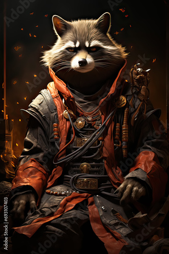A raccoon in armor strikes a captivating pose in this unique portrait, blending fantasy and charm in a delightful stock photo.