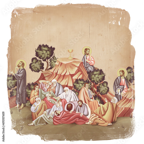 The Agony in the Garden of Gethsemane. Christian illustration in Byzantine style isolated