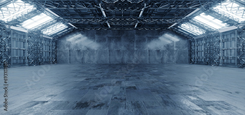 Bright Futuristic Sci Fi Massive Warehouse Hangar Concrete Metal Structure Alien Tunnel Corridor Huge Room Glowing Lights Cyber Stage Showroom Parking 3D Rendering